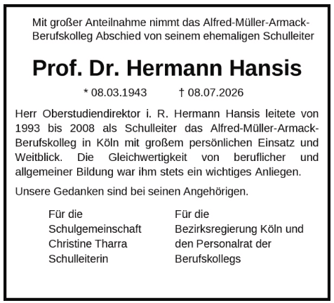 Nachruf Prof. Dr. Hermann Hansis